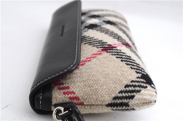 Authentic BURBERRY Nova Check Clutch Hand Bag Purse Wool Leather Beige 5581E