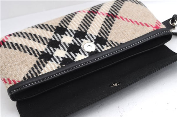Authentic BURBERRY Nova Check Clutch Hand Bag Purse Wool Leather Beige 5581E