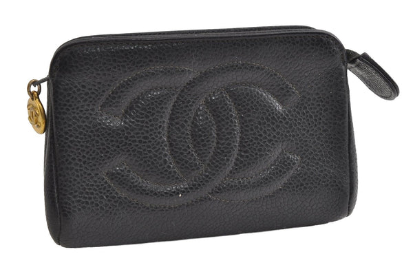 Authentic CHANEL Caviar Skin Vintage CC Logo Pouch Purse Black Junk 5581I