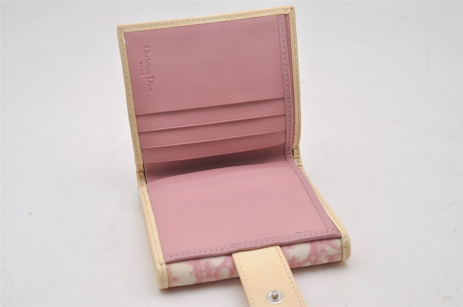 Authentic Christian Dior Trotter No.1 Bifold Wallet Purse PVC Enamel Pink 5583I