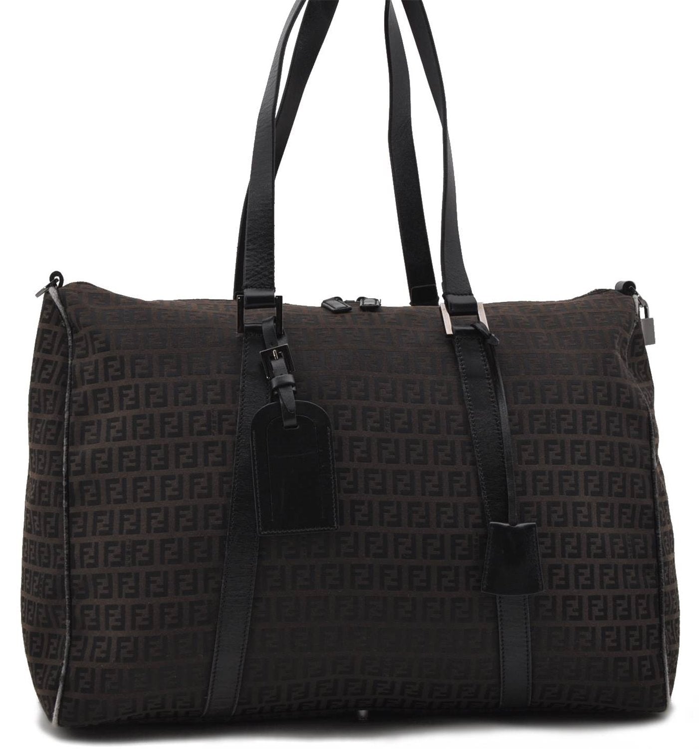 Authentic FENDI Zucchino Travel Boston Bag Nylon Leather Brown Black 5585C