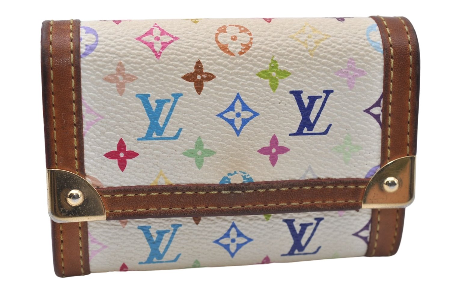 Auth Louis Vuitton Monogram Multicolor Porte Monnaie Plat Coin Case White 5589D