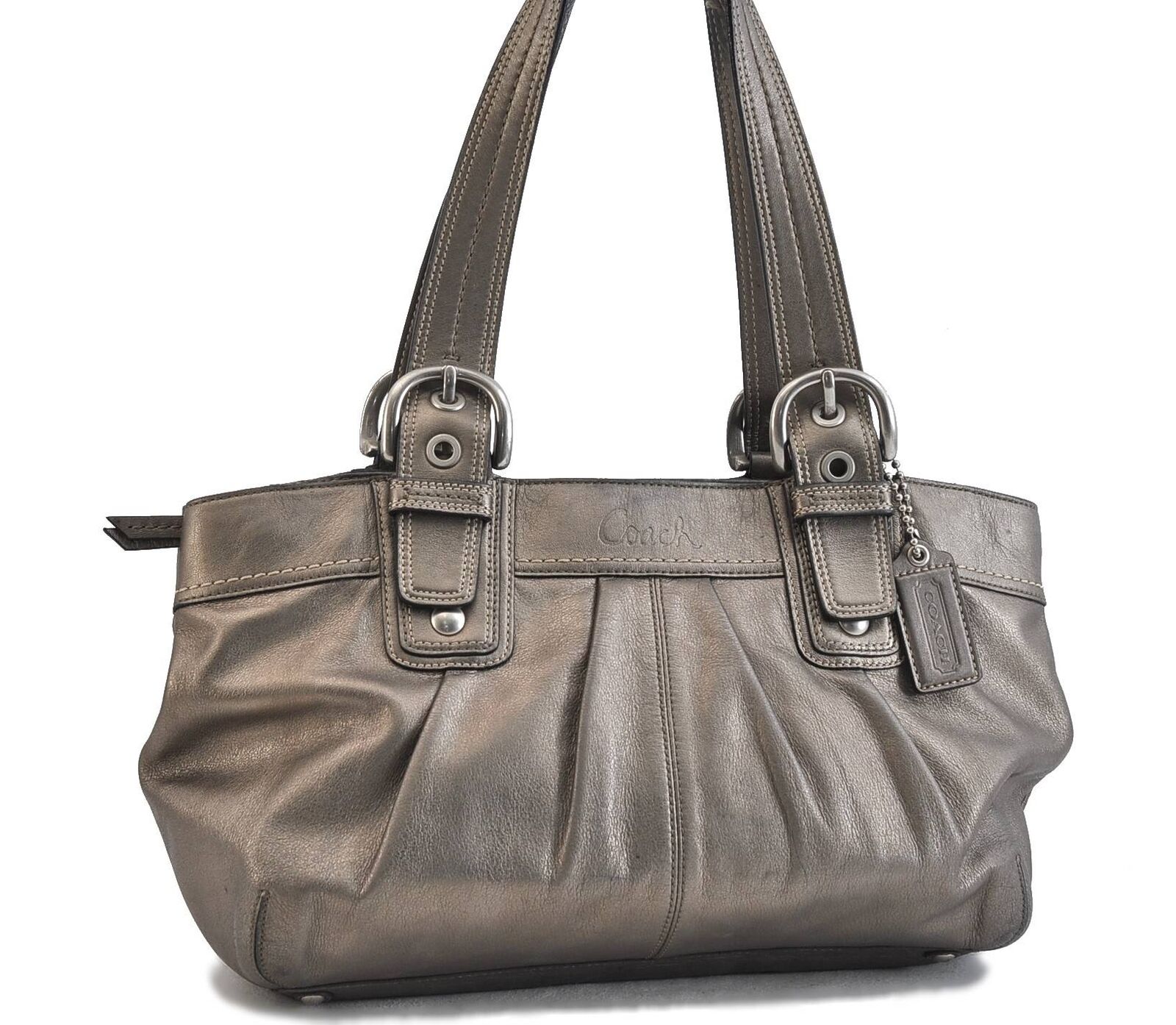 Auth COACH Soho Pleated Shoulder Tote Bag Leather F13732 Metallic Gray 5591B