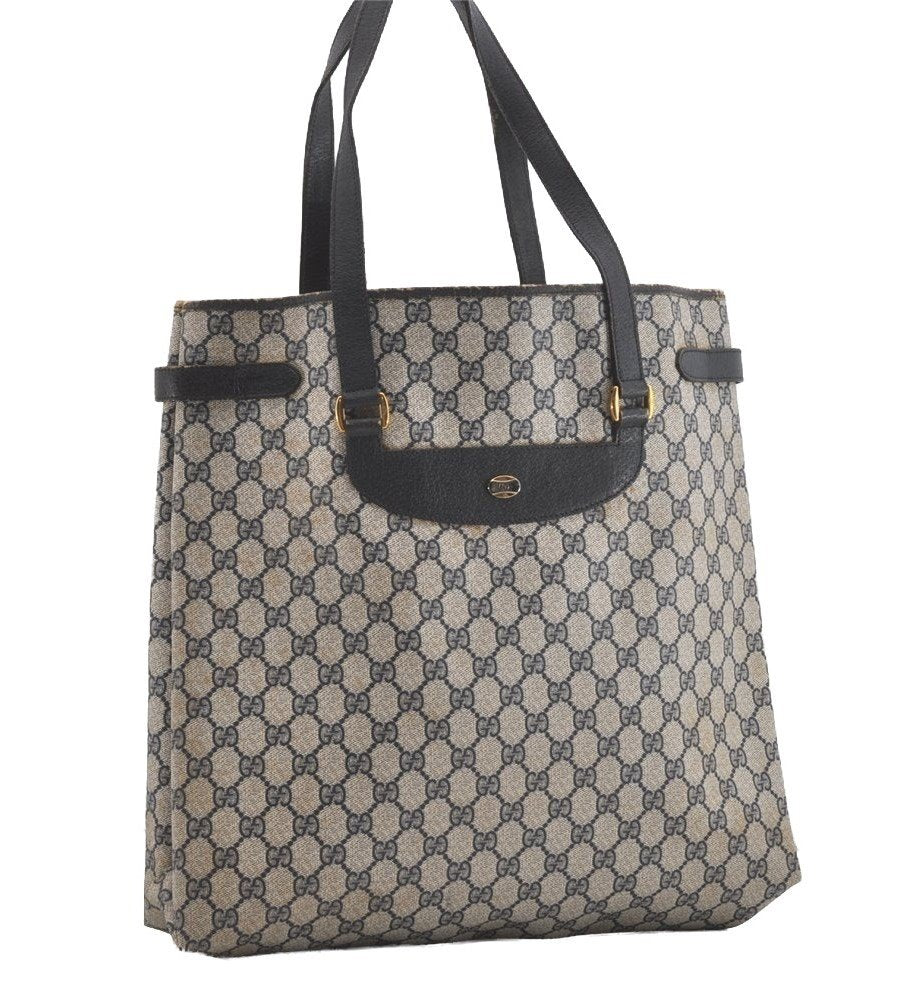 Authentic GUCCI Vintage Shoulder Tote Bag GG PVC Leather Navy Blue 5591I