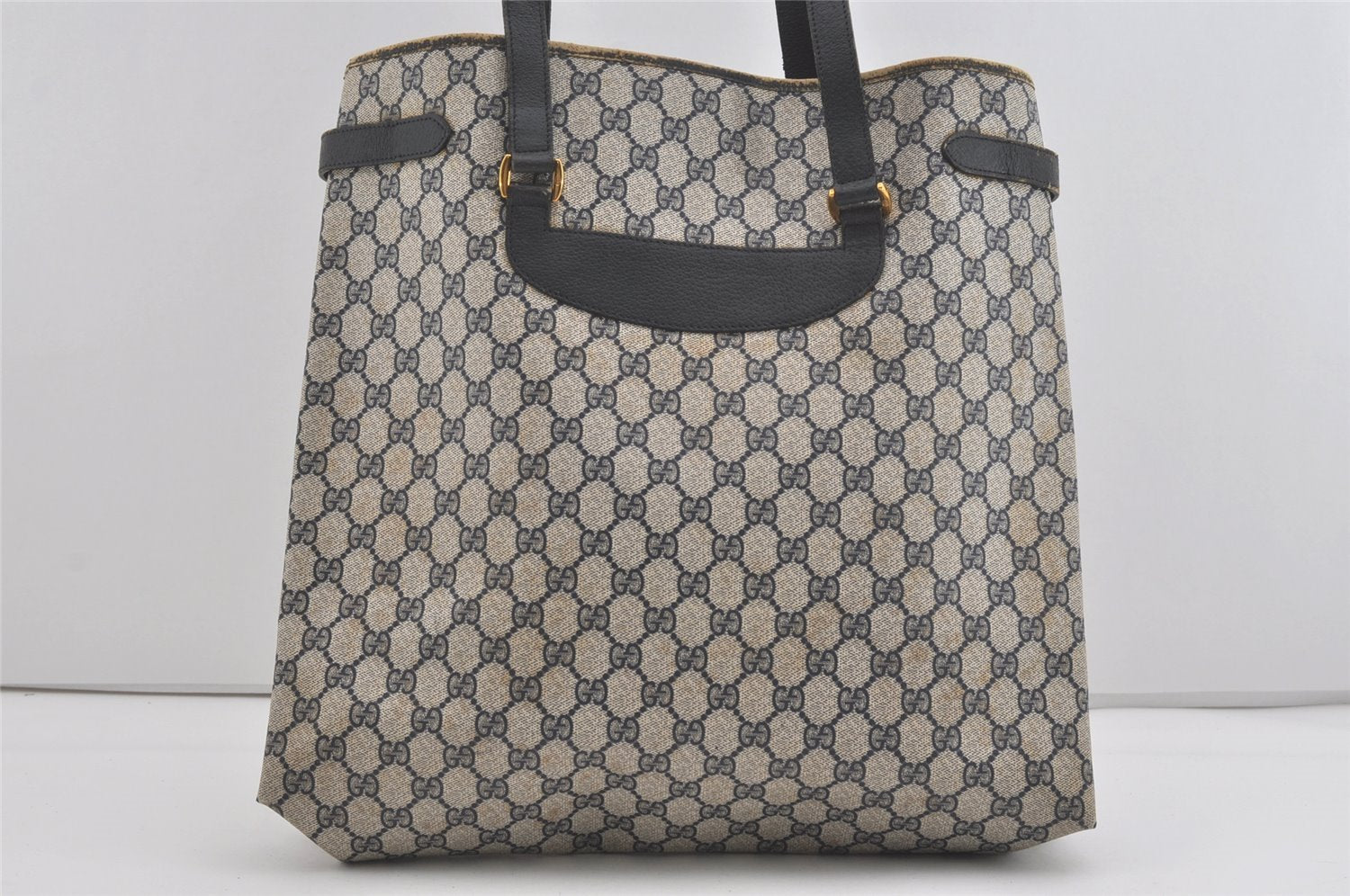 Authentic GUCCI Vintage Shoulder Tote Bag GG PVC Leather Navy Blue 5591I