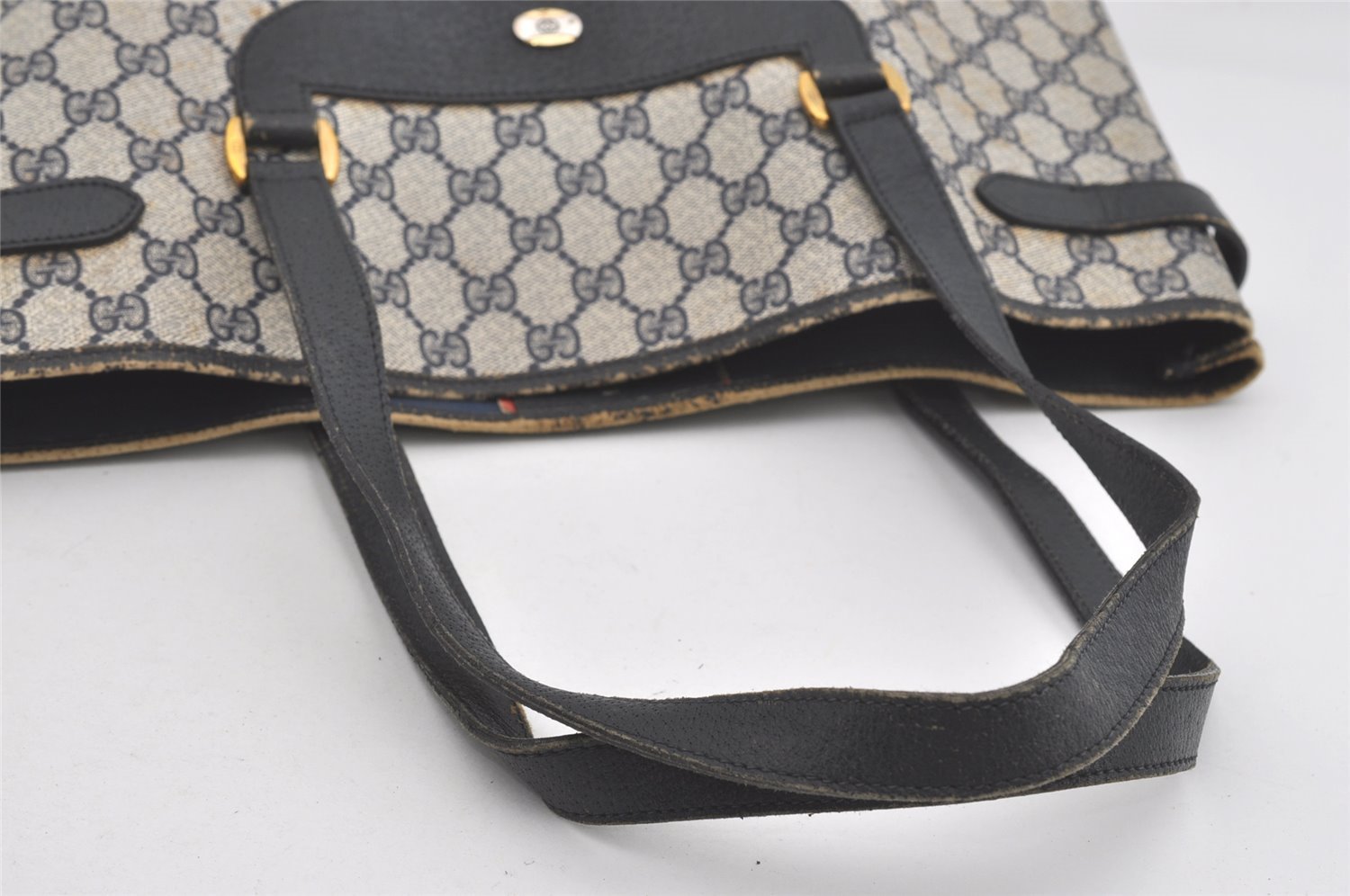 Authentic GUCCI Vintage Shoulder Tote Bag GG PVC Leather Navy Blue 5591I