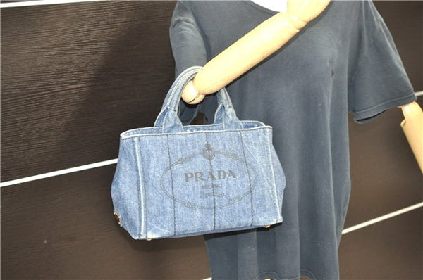 Authentic PRADA Canapa SS Denim Tote Hand Bag Blue 5597C