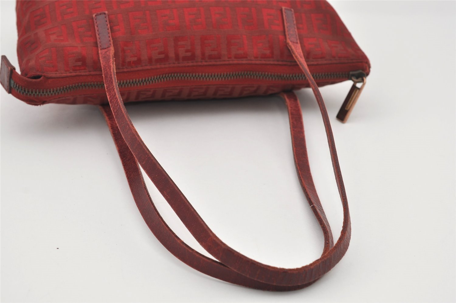 Authentic FENDI Zucchino Shoulder Tote Bag Purse Canvas Leather Red 5599I