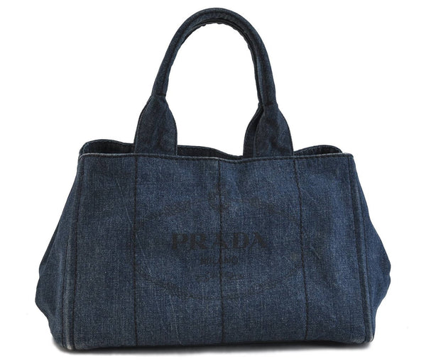 Authentic PRADA Canapa Canvas Tote Hand Bag Purse Denim Blue 5601C