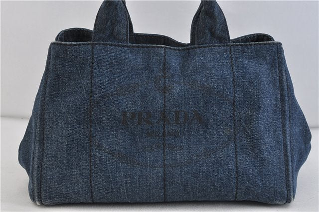 Authentic PRADA Canapa Canvas Tote Hand Bag Purse Denim Blue 5601C