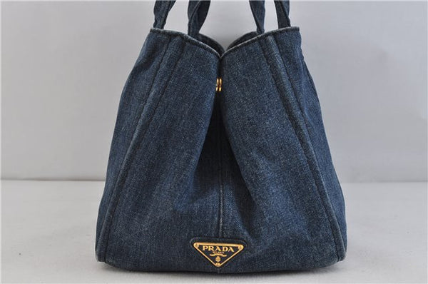 Authentic PRADA Canapa Canvas Tote Hand Bag Purse Denim Blue 5601C