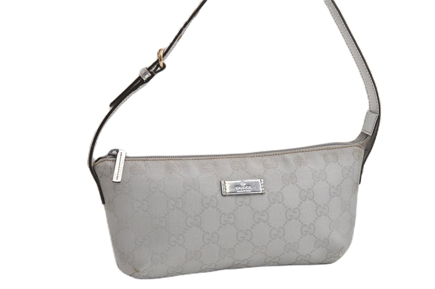 Authentic GUCCI Hand Bag Pouch Purse GG Canvas Leather 190393 Silver 5605F