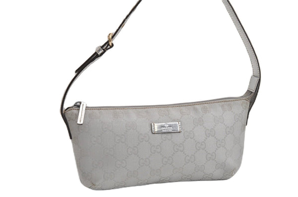 Authentic GUCCI Hand Bag Pouch Purse GG Canvas Leather 190393 Silver 5605F