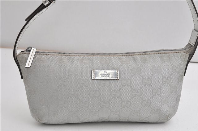 Authentic GUCCI Hand Bag Pouch Purse GG Canvas Leather 190393 Silver 5605F
