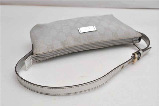 Authentic GUCCI Hand Bag Pouch Purse GG Canvas Leather 190393 Silver 5605F