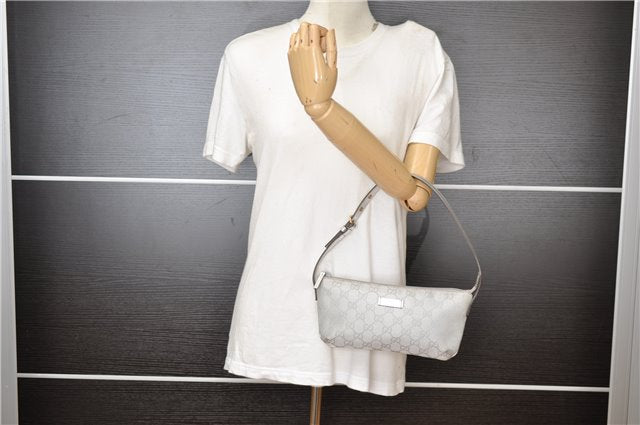 Authentic GUCCI Hand Bag Pouch Purse GG Canvas Leather 190393 Silver 5605F