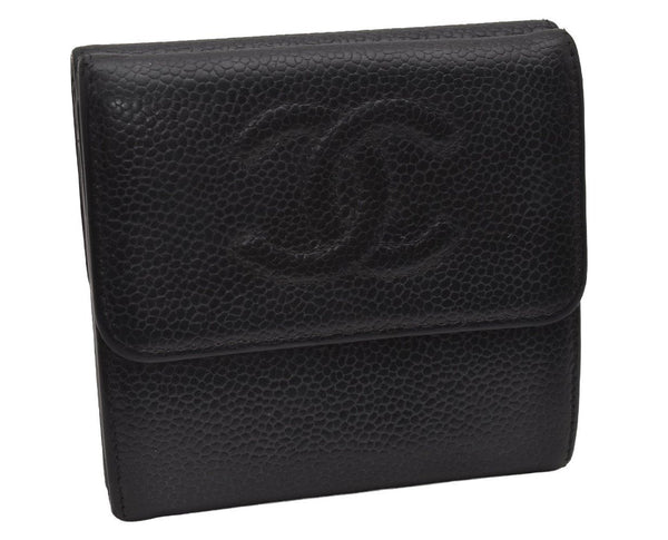 Authentic CHANEL Caviar Skin Vintage CC Logo Trifold Wallet Purse Black 5607I