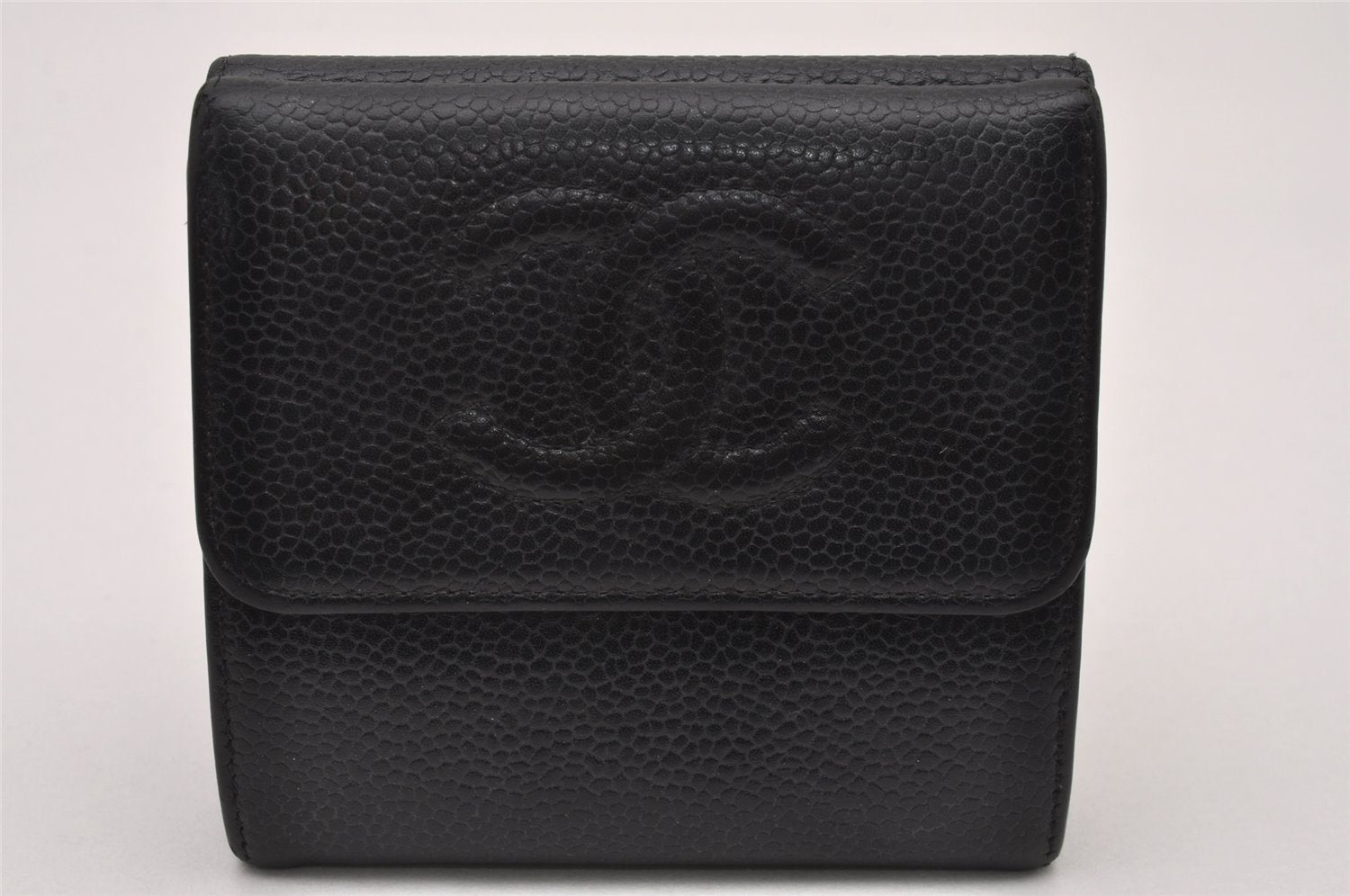 Authentic CHANEL Caviar Skin Vintage CC Logo Trifold Wallet Purse Black 5607I