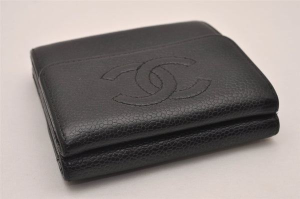 Authentic CHANEL Caviar Skin Vintage CC Logo Trifold Wallet Purse Black 5607I