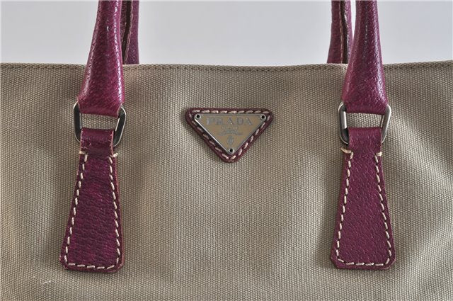 Authentic PRADA Shoulder Hand Bag Purse Canvas Leather Beige Purple 5610C