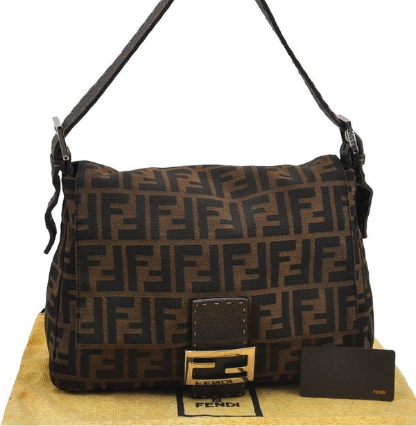 Authentic FENDI Zucca Mamma Baguette Shoulder Bag Canvas Leather Brown 5613I