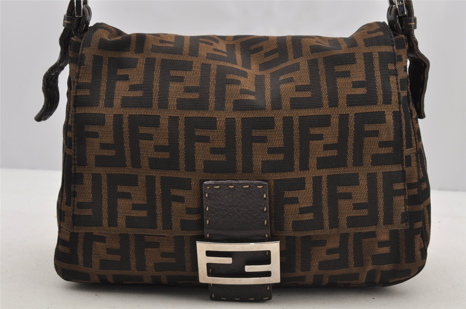 Authentic FENDI Zucca Mamma Baguette Shoulder Bag Canvas Leather Brown 5613I