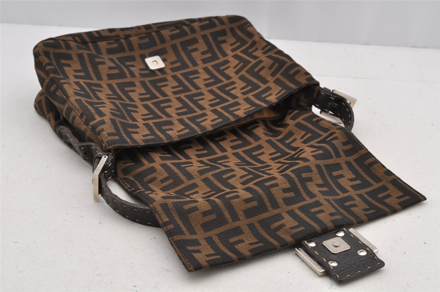 Authentic FENDI Zucca Mamma Baguette Shoulder Bag Canvas Leather Brown 5613I