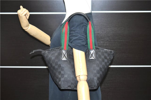 Authentic GUCCI Web Sherry Line Hand Bag GG Nylon Leather 131228 Black 5616C