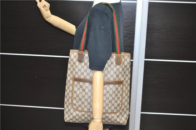 Authentic GUCCI Web Sherry Line Shoulder Tote Bag PVC Leather Brown 5620C