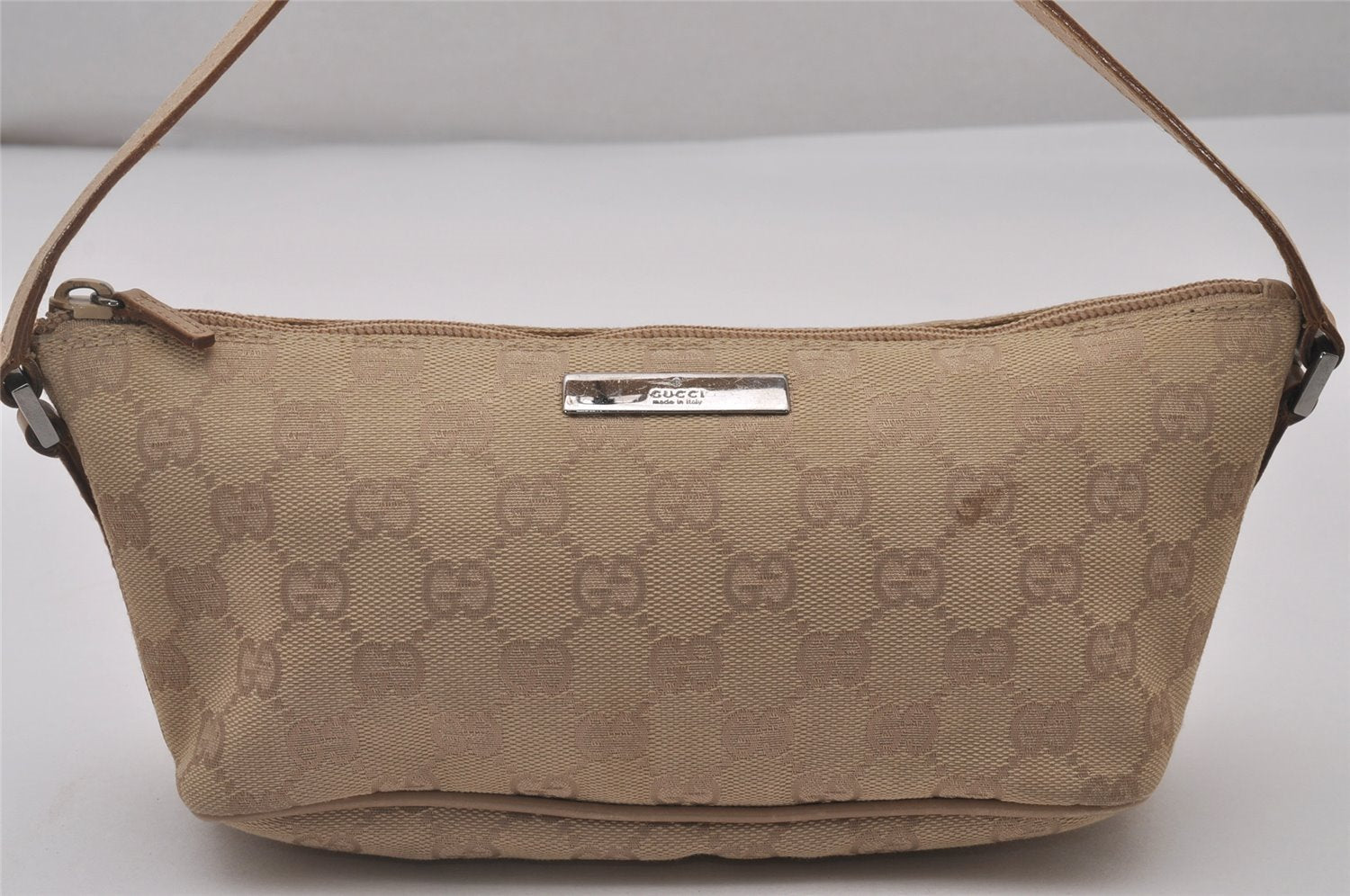 Authentic GUCCI Vintage Hand Bag Pouch Purse GG Canvas Leather 07198 Beige 5621I