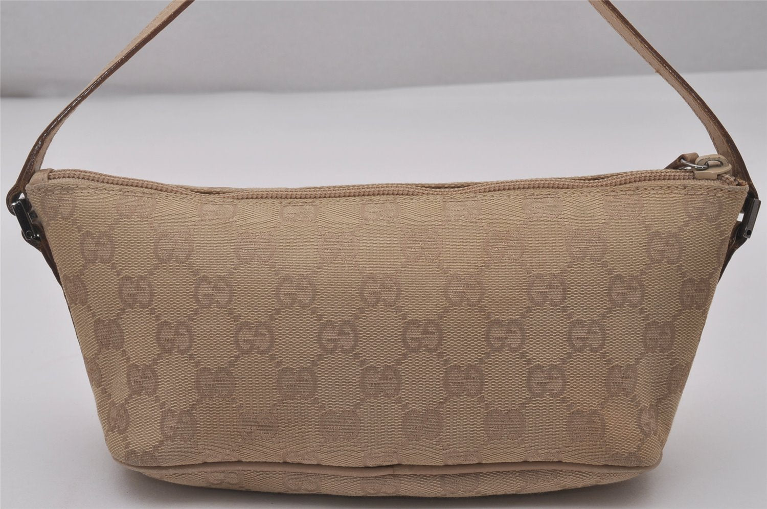 Authentic GUCCI Vintage Hand Bag Pouch Purse GG Canvas Leather 07198 Beige 5621I