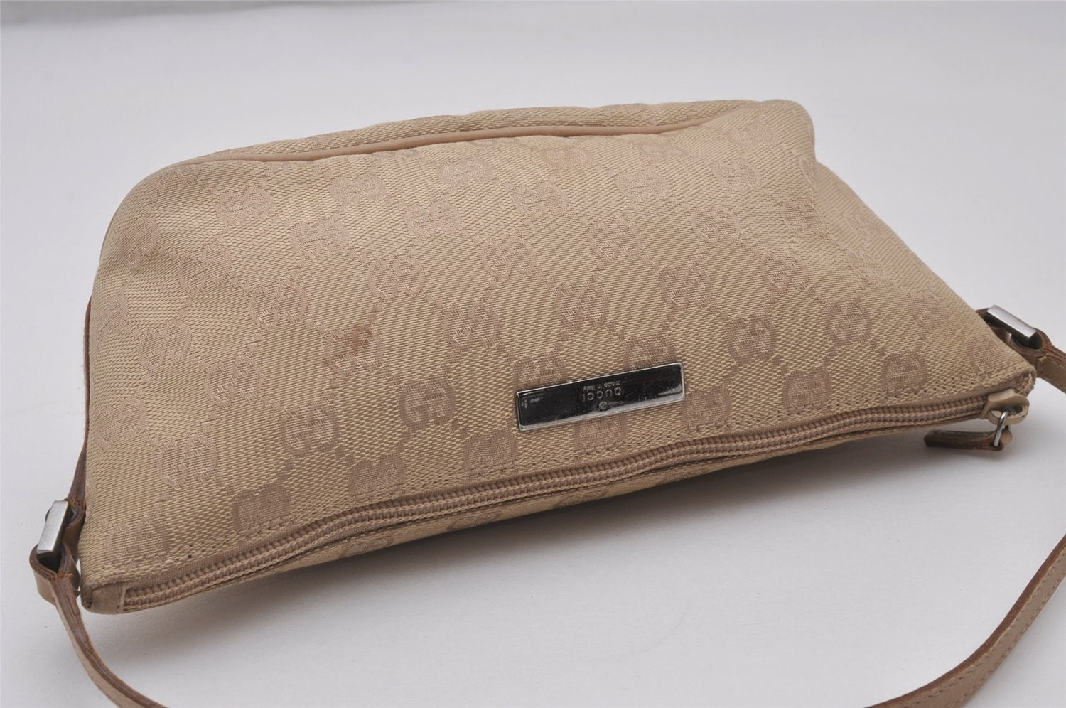 Authentic GUCCI Vintage Hand Bag Pouch Purse GG Canvas Leather 07198 Beige 5621I