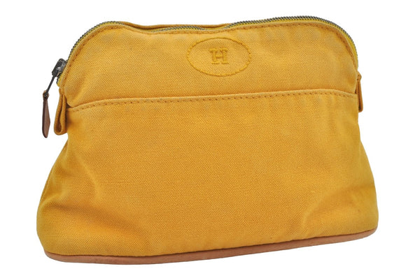 Authentic HERMES Bolide 20 Pouch Cosmetic Canvas Cotton Leather Yellow 5628I