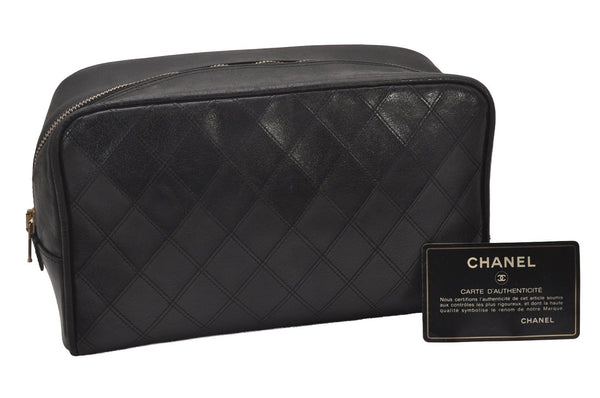 Authentic CHANEL Calf Skin Bicolore CC Logo Clutch Hand Bag Purse Black 5634I