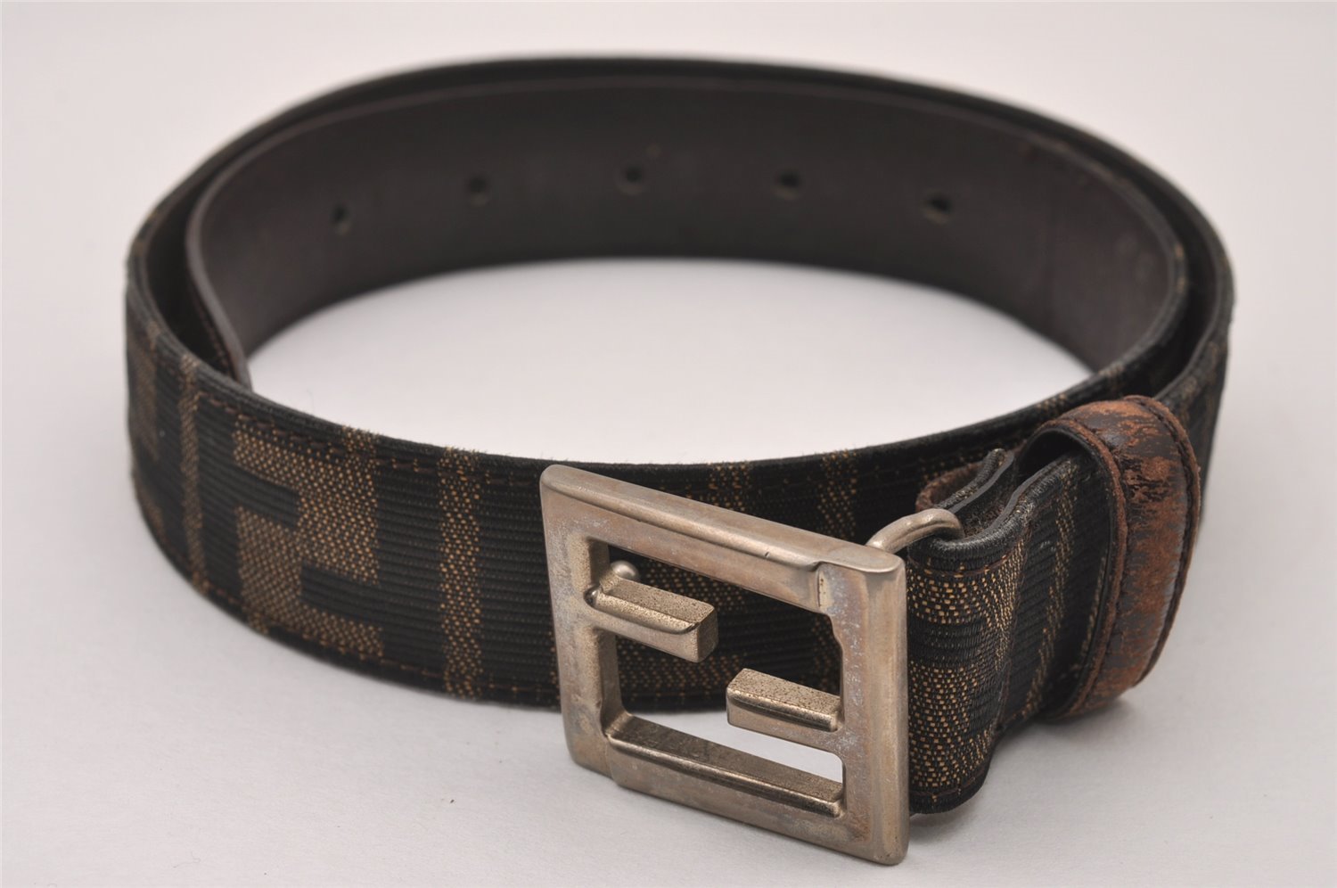 Authentic FENDI Vintage Zucca Belt Canvas Leather 25.2-29.1