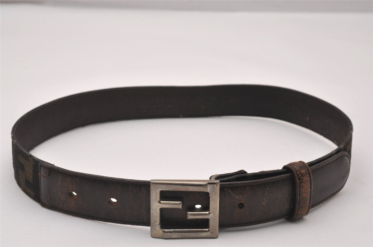 Authentic FENDI Vintage Zucca Belt Canvas Leather 25.2-29.1