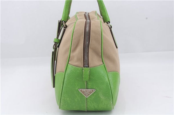 Authentic PRADA Canvas Leather Shoulder Tote Bag Beige Green 5638D