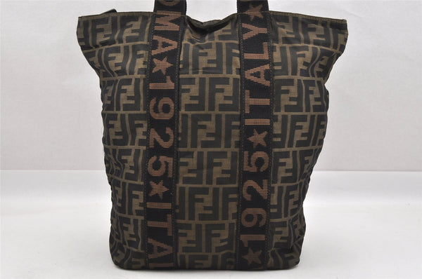 Authentic FENDI Zucca Vintage Tote Hand Bag Nylon Leather Brown Black 5638I