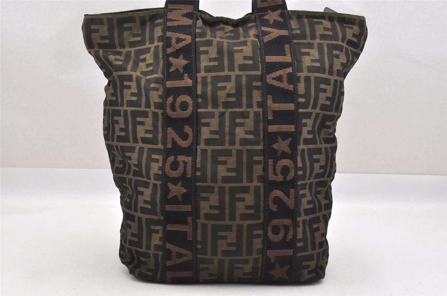 Authentic FENDI Zucca Vintage Tote Hand Bag Nylon Leather Brown Black 5638I