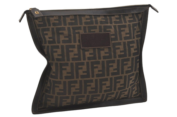 Authentic FENDI Zucca Clutch Hand Bag Purse Nylon Leather Brown Black 5639I