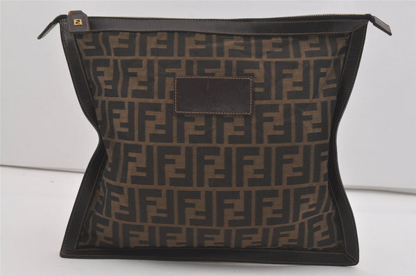 Authentic FENDI Zucca Clutch Hand Bag Purse Nylon Leather Brown Black 5639I