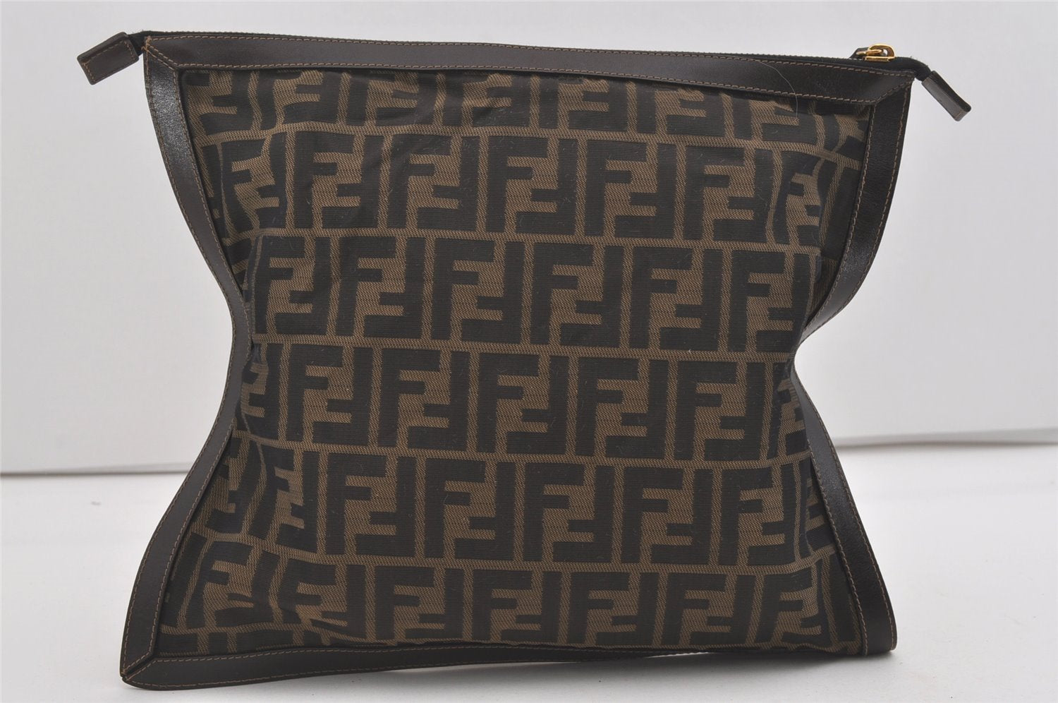 Authentic FENDI Zucca Clutch Hand Bag Purse Nylon Leather Brown Black 5639I