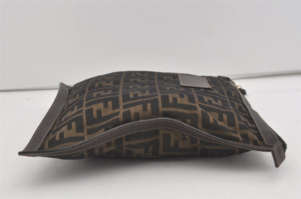 Authentic FENDI Zucca Clutch Hand Bag Purse Nylon Leather Brown Black 5639I
