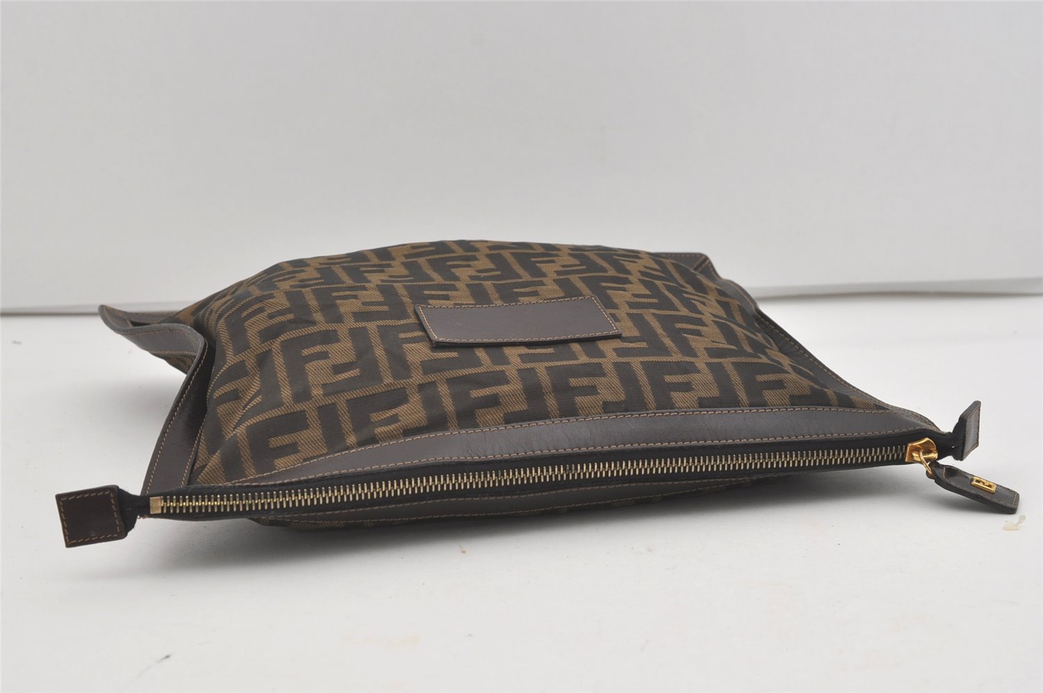 Authentic FENDI Zucca Clutch Hand Bag Purse Nylon Leather Brown Black 5639I