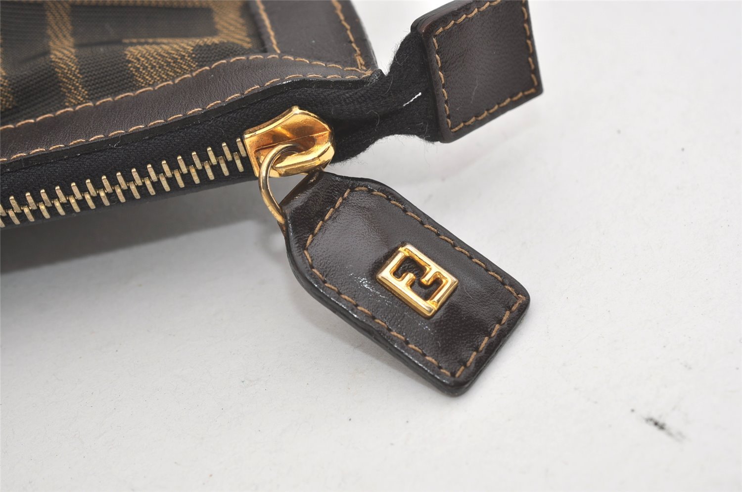Authentic FENDI Zucca Clutch Hand Bag Purse Nylon Leather Brown Black 5639I