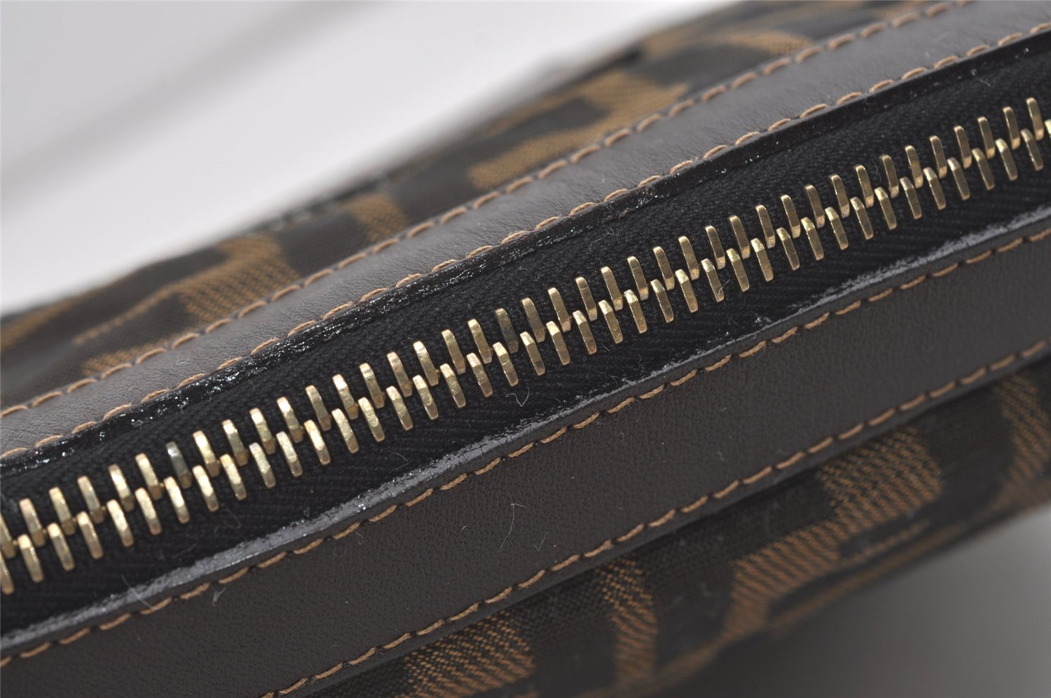 Authentic FENDI Zucca Clutch Hand Bag Purse Nylon Leather Brown Black 5639I