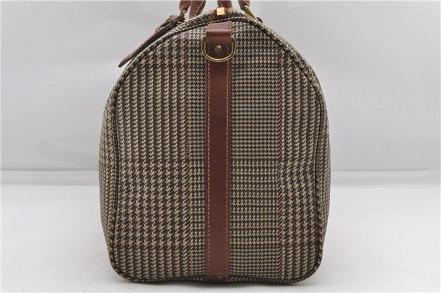 Auth POLO Ralph Lauren Vintage Check PVC Leather Travel Boston Bag Brown 5642D