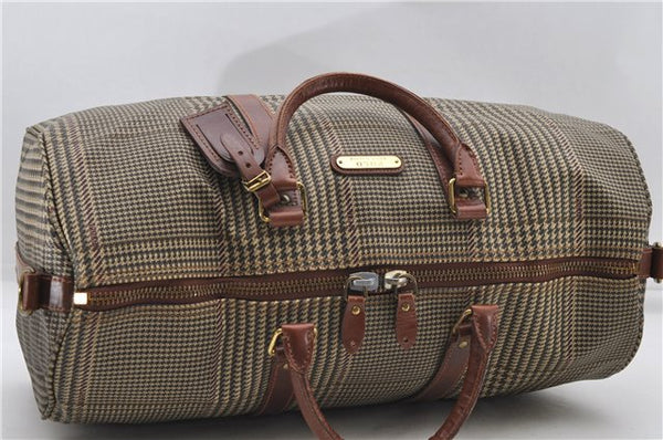 Auth POLO Ralph Lauren Vintage Check PVC Leather Travel Boston Bag Brown 5642D