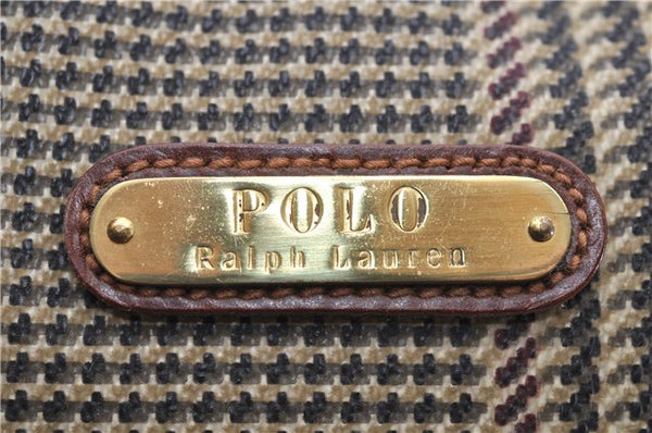 Auth POLO Ralph Lauren Vintage Check PVC Leather Travel Boston Bag Brown 5642D