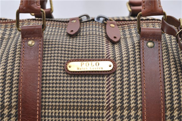 Auth POLO Ralph Lauren Vintage Check PVC Leather Travel Boston Bag Brown 5642D